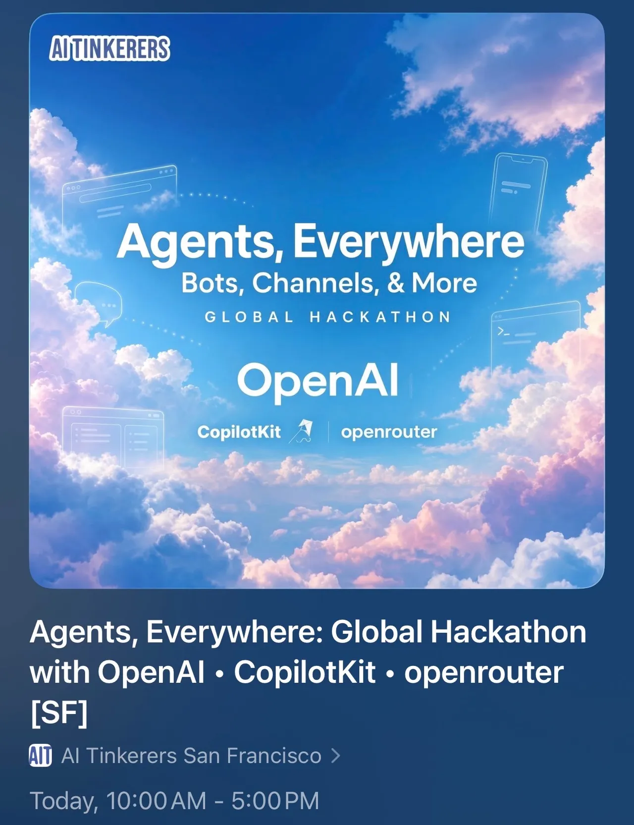 Agents, Everywhere global hackathon event graphic from AI Tinkerers San Francisco.